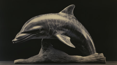 a dolphin statue, meticulously carved in wood, is captured in a photorealistic still life style. the statue, with its unique pseudo-infrared effect, showcases a dark white and dark bronze color scheme. this high-resolution image, shot with a mamiya rb67 camera, beautifully highlights the intricate details of the wood sculptor's craftsmanship. ai generatedの素材