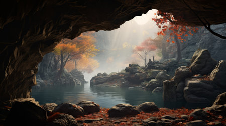 caves of nature abstract 3d scene featuring a stunning waterfall during the autumn season. this artwork is inspired by japanese folklore and created using cryengine, resulting in a high-definition image. the nostalgic rural life depictions and misty atmosphere add to the charm, while the detailed hunting scenes pay homage to the hudson river school. ai generatedの素材
