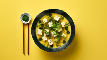 a tofu soup bowl is showcased in this photo, set against a vibrant yellow background. the image features a solarization effect and minimal retouching, captured with a nikon d750 camera. the composition incorporates indigo and green tones, drawing inspiration from japanese photography. the bowl itself is made of cheese and showcases asian-inspired motifs. ai generatedの素材