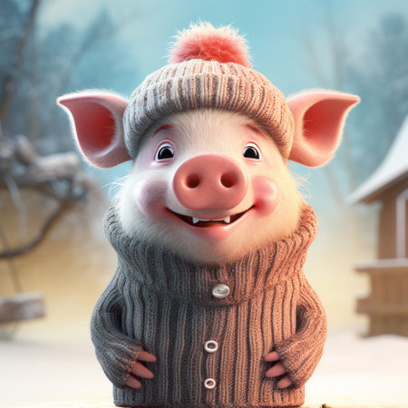 a cute winter scene featuring animals in the style of tiago hoisel, rendered in cinema4d. the photo, captured with a canon eos 5d mark iv, showcases lively facial expressions and a selective focus. the winter wallpaper displays a delightful combination of light pink hues, adding a touch of charm to the overall composition. ai generatedの素材