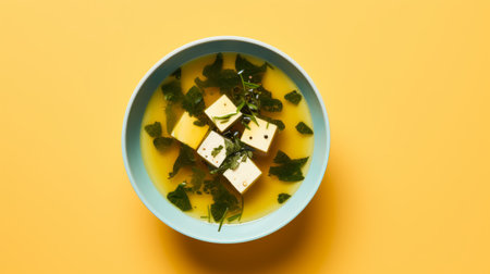 a photo of a blue bowl filled with tofu, mint leaves, and greens. the image, captured by matthias haker, showcases a unique style of dark yellow and light yellow hues through liquid emulsion printing. the composition features subtle chromatism and clean, simple designs. the tofu is not made of cheese, but rather a plant-based alternative. ai generatedの素材