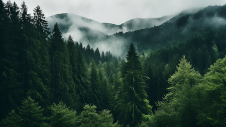 a dark forest, adorned with towering trees, creates a captivating rainy forest wallpaper. this stunning image, captured by akos major, showcases the beauty of mountainous vistas. the uhd quality and agfa apx film add depth to the vibrant green hues. with a smokey background, this national geographic photo immerses viewers in the enchanting ambiance of the forest. ai generatedの素材