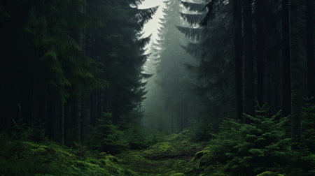 a free download of a pine forest wallpaper for your desktop. this dark and moody landscape, captured with a sony alpha a7 iii, showcases the eerie realism of the dark green and dark gray tones. the naturalistic depictions of flora and fauna in this wallpaper are reminiscent of german romanticism and make for a captivating desktop background. ai generatedの素材