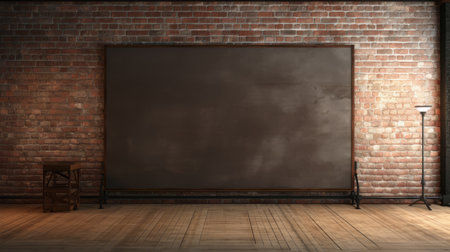 a hardware selection studio room featuring a rustic brick wall background. a large blank frame hangs on the wall, while a large blank canvas with a 2:3 ratio rests on the wooden floor. soft fur rug adds a cozy touch. captured with a sony a7 iii camera and 16-35mm lens, this high-resolution, high-definition image showcases realistic details and soft lighting. perfect for interior design orの素材