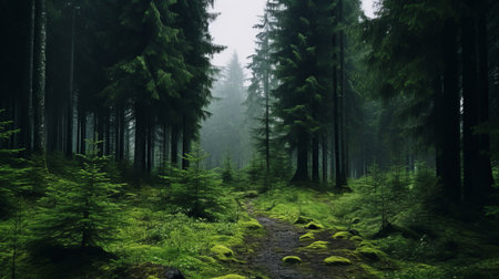 a misty gothic forest path, captured in 8k resolution by eve ventrue and michael shainblum for national geographic. this dark and foreboding landscape showcases a lush green grassy path winding through the wilderness. ai generatedの素材