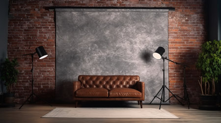 a brick wall with a seat surrounded by lights on a gray camera shooting photo of a couch stock photo. the image showcases a post-apocalyptic backdrop with a mid-century modern design, luxurious fabrics, and a combination of natural and man-made elements. the smokey background adds to the ambiance, while the leatherhide and steeliron frame construction provide a touch of sophistication. ai generatedの素材