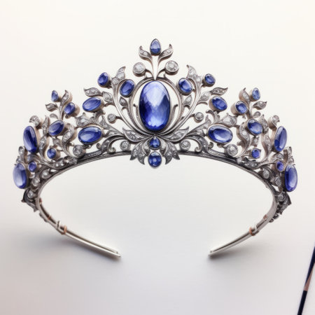 the sapphire and diamond tiara is an elegant piece of jewelry inspired by nature and the art nouveau style. created by rashad alakbarov, it showcases a beautiful combination of light gray and dark blue hues. this tiara embodies the concept of elegant realism, with intricate details reminiscent of miniature illuminations. grzegorz domaradzki and marianne north's influences can also be seen in this stunning piece. aiの素材