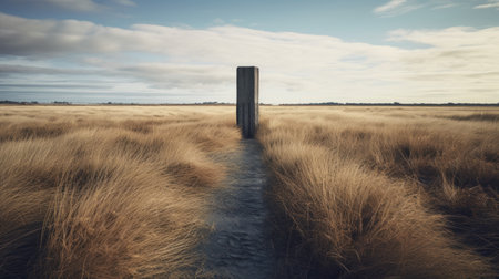 a single pillar emerges from the sand, reminiscent of the textural landscapes found in danish golden age paintings. this poetic pastoral scene draws inspiration from nature, creating a captivating and moody tonalism. the uhd image captures the intricate details of the pillar, evoking the influence of artist michael heizer. ai generatedの素材