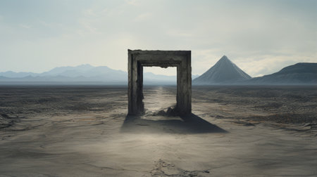 the doorway to a desert fantasy render is a captivating piece of contemporary scandinavian art. this conceptual photography showcases a surrealistic landscape, with a muted color palette and concrete elements. the image evokes trapped emotions and hints at an apocalyptic scenario, while incorporating the concept of a tesseract. ai generatedの素材