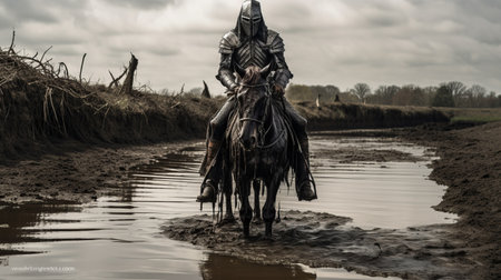 a knight in armor, mounted on a horse, braves the muddy waters in a post-apocalyptic setting. the image, captured with the tokina at-x 11-16mm f/2.8 pro dx ii lens, showcases a light black and silver color scheme. the medieval-inspired scene exudes an anglocore vibe, while the addition of rtx technology enhances the visual experience. brian mashburn's artistic touch is evident in this captivating photograph. aiの素材