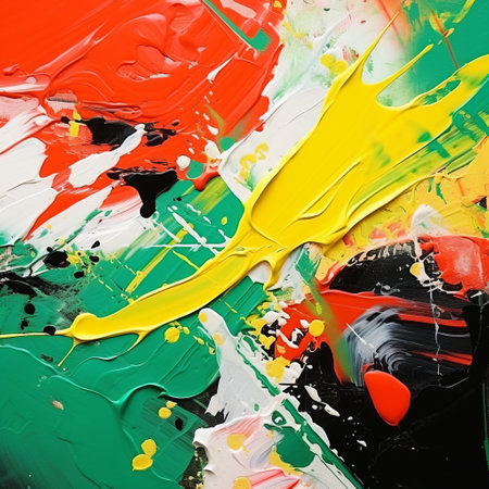 an abstract painting by dmitry spiros showcases intense close-ups of paint blots in vibrant shades of red, yellow, dark green, and orange. the artwork incorporates the paint dripping technique, reminiscent of action painting, and bears influences from philippe parreno and dusan djukaric. ai generatedの素材