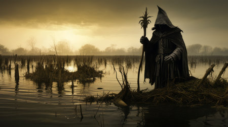 a black hooded man sits on the edge of the water during sunset, embodying whimsical yet eerie animal symbolism. this high-quality photo captures the essence of halloween and medieval-inspired themes, with a touch of haunting figuratism. the image is created using zbrush, showcasing its intricate details and craftsmanship. ai generatedの素材