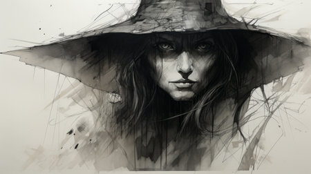 a woman wearing a hat and dark makeup, reminiscent of the artistic styles of mike deodato, tim okamura, and peter mohrbacher. her look embodies monochromatic studies and ink-washed aesthetics, creating a dark and brooding designer vibe. the transparent/translucent medium adds an intriguing element to her overall appearance. ai generatedの素材