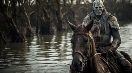 a man on horseback traverses a bog in a modern warfare setting, captured in a demonic photograph inspired by dutch tradition and zombiecore aesthetics. the skeletal figure, photographed with a nikon d750, creates an eerie atmosphere as the calm waters reflect the haunting scene. ai generatedの素材