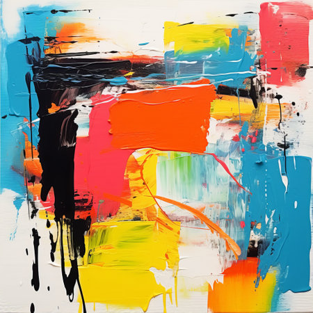 a vibrant and dynamic painting featuring bold brushstrokes and splatters in a multitude of colors. this colorful abstract composition showcases the artist's use of vibrant acrylics, creating vivid color blocks and bold lines. the painting exhibits a mix of light orange and light black hues, with thick layers of paint adding depth and texture. its abstract simplicity adds to its visual appeal. ai generatedの素材
