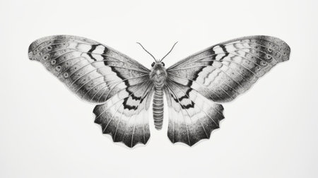 butterfly art with a white background, showcasing a hyper-realistic representation in the style of detailed graphite sketches. the artwork features a dark silver and light magenta color palette, drawing inspiration from the black mountain college and the vienna secession movements. the piece captures the butterfly's intricate details with a combination of dark white and light silver tones. ai generatedの素材