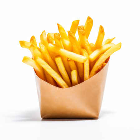 french fries in a paper bag, captured with a zeiss batis 18mm f2.8 lens. the photo features a white background, with a light amber and gray color scheme. the clean lines and exacting precision of the composition give it a crisp and clean look. ai generatedの素材