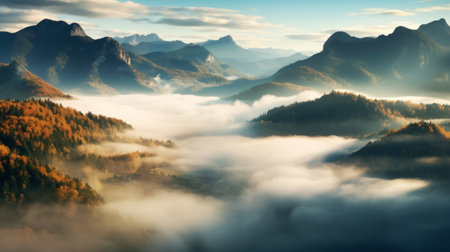 a captivating national geographic photo showcasing a german romanticism-inspired fir forest valley. the mountain, shrouded in fog, adds an ethereal touch to the naturalistic cityscape. the golden hues and mesmerizing cloudscapes create a visually stunning and captivating storytelling experience. ai generatedの素材