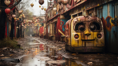an old yellow toy train sits in a puddle of rainwater, creating a surreal and eerie scene. this unique photograph by caras ionut combines elements of otherworldly grotesquery, junglepunk aesthetics, and ritualistic masks. the 32k uhd resolution captures every intricate detail, while the orient-inspired setting adds an intriguing touch. the image also hints at the fusion of auto body works, creating a captivating visual narrative.の素材