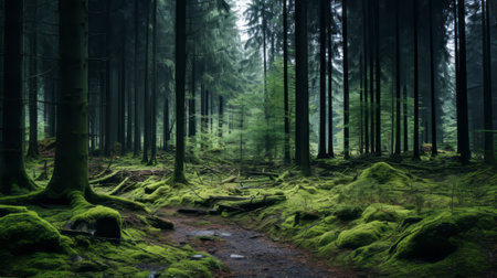 forest path overgrown with moss and rocks: a mesmerizing nature-inspired image in dark green and dark emerald hues. this verdadism-style photograph showcases the beauty of an overgrown forest path, highlighting environmental awareness and the essence of naturecore. with a landscape-focused composition reminiscent of whistlerian art, immerse yourself in the enchanting allure of this moss-covered pathway. ai generatedの素材