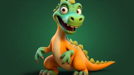 a virtual animated cartoon dinosaur, resembling a green rex, is depicted on a vibrant green background. created in the charming style of daz3d, this character illustration showcases lively facial expressions. the dark orange and white hues add depth to the digitally enhanced image, which was rendered in unreal engine. the dinosaur's dynamic pose exudes a sense of movement and energy. ai generatedの素材