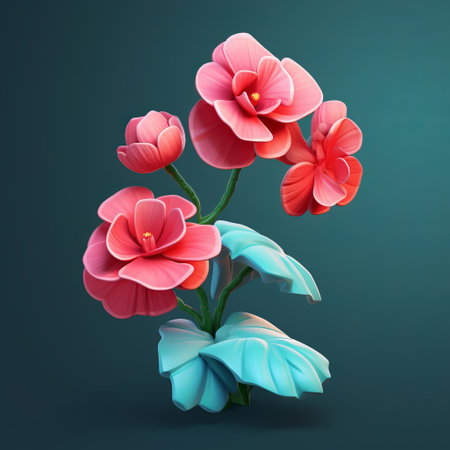 pink flower on a dark background, featuring a cartoonish character design in the style of zbrush. the sculpted forms showcase a blend of red and aquamarine colors, while incorporating elements of chinese iconography. this isometric still life captures a realistic yet whimsical aesthetic. ai generatedの素材