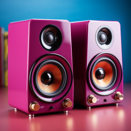 two pink speakers and books are arranged on a flat surface, showcasing sharp vivid colors. the light gold and purple hues add a touch of elegance. the photo, taken with provia, captures a machine-like precision with its back button focus. the dark red and teal accents create a striking contrast. the overall composition appears smooth and polished. ai generatedの素材