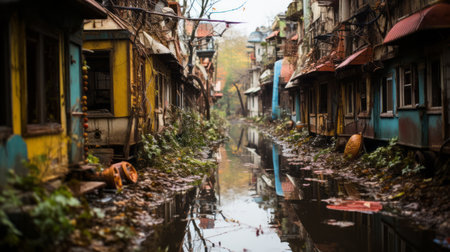 abandoned train line in sevastopol, poland, showcases reflections and mirroring in a terraced cityscape reminiscent of beijing's east village. the soggy, traditional street scenes captured with a nikon d750 camera add an artistic touch to this indonesian-inspired photo. ai generatedの素材