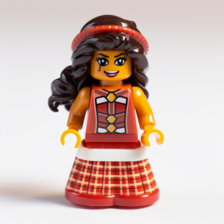 a lego christmas minifigure captured by sandra jenkins in the style of indian pop culture. the photograph showcases a schoolgirl lifestyle with a bold use of line and patterns. shot with a nikon d850, the image features a stylish costume design in vibrant red and amber colors. ai generatedの素材