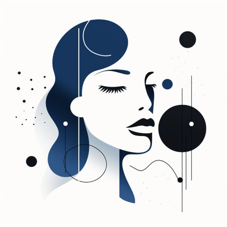 a woman's face, depicted in monochrome abstraction, is showcased against a serene blue background. the illustration features chic fluid lines and curves, with circles and dots adding a touch of art deco style. the dark white and light navy color scheme enhances the silhouette figures, creating a sense of calm and serene beauty. ai generatedの素材