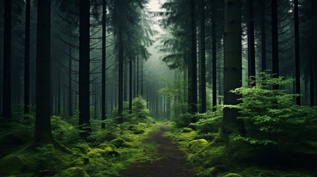 the photo showcases a serene path winding through a forest of tall trees. the lush and detailed landscape features a dark green and dark emerald grass, creating a captivating earthy color palette. with an 8k resolution, the image captures the beauty of nature in stunning detail. the woodsy ambiance and cabincore aesthetic add to the overall tranquility of the scene. ai generatedの素材