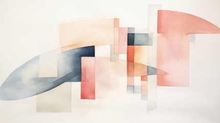 dali roesling's abstract watercolor on paper showcases organic forms seamlessly merging with geometric shapes. the artwork features a harmonious blend of light red and light navy color blocks, creating a visually striking composition. with soft lines and serene watercolors, this piece reimagines classical forms in a unique and captivating way. dali roesling's architectural illustrator background is evident in the precise and balanced execution of thisの素材