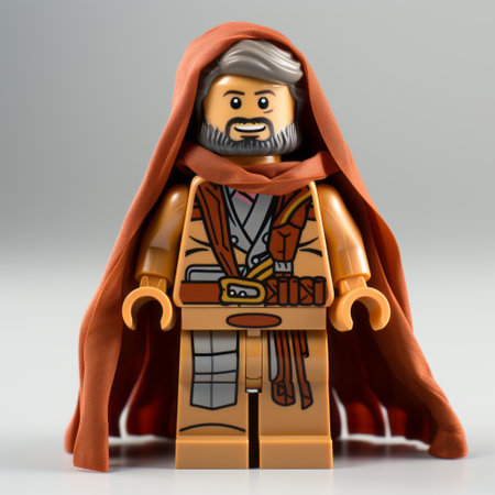 the lego figure of a clone trooper is depicted wearing a light brown outfit, showcasing an orientalist influence. the hieratic visionary style is evident in the bold character designs, with orange and gray accents. this twisted character, captured using the fujifilm xf 56mm f1.2 r lens, adds a touch of biblical drama to the composition. ai generatedの素材