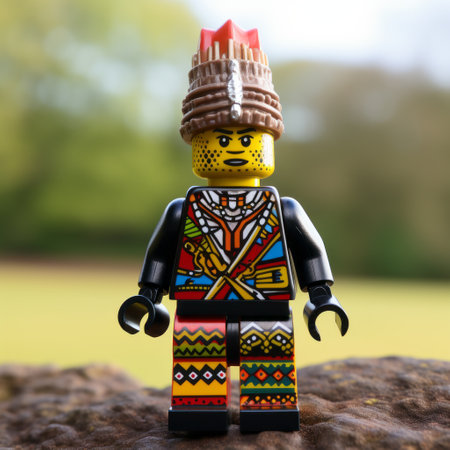 lego man wearing traditional african attire, showcasing spiky mounds and densely patterned imagery. this unique creation combines elements of idealized native americans, british topographical influences, and mesoamerican aesthetics. captured with a canon eos 5d mark iv camera, this photo can be found on flickr. ai generatedの素材