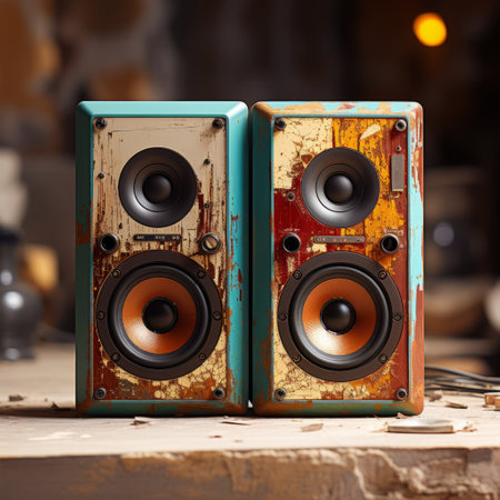 two speakers, in the style of grungy patchwork, sit side by side on top of a desk. the speakers feature light turquoise and amber colors, showcasing rustic textures. this unique design embodies the junglepunk aesthetic, capturing the essence of the american studio craft movement. the bold and vibrant colors make these speakers a standout piece. shot with a sony alpha a1. ai generatedの素材