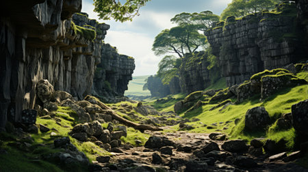 a river flows through a vast limestone gorge, creating a stunning landscape reminiscent of traditional british landscapes. the image, created in the style of matte painting using daz3d, showcases strong contrasts between light and dark. the lively and richly layered scenery invites exploration and evokes a sense of hikecore adventure. ai generatedの素材
