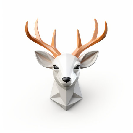 the 3d modeled deer head is a monochromatic masterpiece, featuring a combination of white, dark white, and light orange hues. its unique style incorporates geometrical shapes and punctuated caricature elements. captured in ultra-high definition, this matte photo showcases the deer head against a clean white background. ai generatedの素材