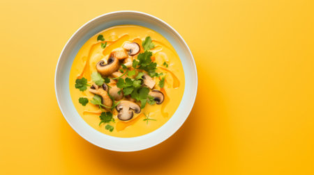 a bowl of asian-inspired soup is beautifully captured in this uhd image by signe vilstrup. the vibrant yellow and orange hues create a monochromatic harmony, highlighting the mushrooms and vegetables within. this contest-winning photo is a feast for the eyes, showcasing the delicious flavors and artistry of this culinary creation. ai generatedの素材