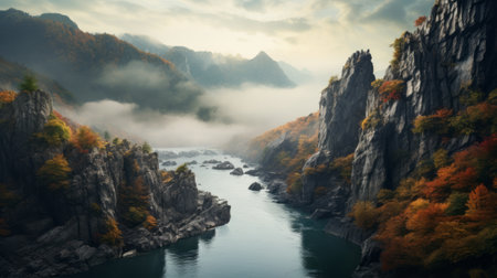 a stunning photograph of a majestic waterfall cascading down a river, surrounded by mist-covered mountains in the autumn time in the czech republic. this photo captures the essence of japanese-inspired imagery and the beauty of the hudson river school. with its high resolution of 32k uhd, it showcases the breathtaking terrain of northern china. a truly captivating national geographic photo with post-apocalyptic backdrops. ai generatedの素材