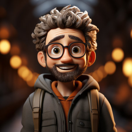 a 3d render of a character in the style of wim wenders, alex hirsch, and ahmed morsi. this artful animation showcases a mascot character with selective focus, featuring a dark gray and brown color palette. captured with a canon eos 5d mark iv, this portraitist extraordinaire brings the character to life through stunning illustrations and animation. ai generatedの素材