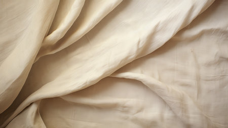 the bed cloth is covered with beige fabrics, featuring a creased, crinkled, and wrinkled texture. the matte photo showcases lesser ury, with kinetic lines and curves. the flowing draperies create an elegant look, while stainswashes add a touch of uniqueness. the sculpted details enhance the overall aesthetic. ai generatedの素材