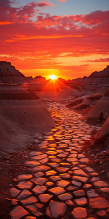 a stunning national geographic photo captures a rough, sandy desert landscape adorned with vibrant fantasy-like elements. the romantic and dramatic scenery showcases nature-based patterns, while the mesmerizing god rays illuminate the red and bronze hues. this breathtaking image is a testament to the awe-inspiring beauty of our natural world. ai generatedの素材