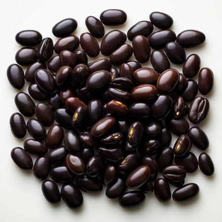 black beans arranged on a white surface, showcasing a contemporary candy-coated aesthetic. the photo captures the beans in a naturalistic light and shadow, reminiscent of synthetism art. the matte finish adds a soft and organic touch, while the softbox lighting enhances the abstract qualities of the composition. ai generatedの素材
