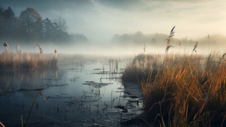 reeds in mist on a mountain lake at sunrise, reminiscent of dutch seascapes. this national geographic photo captures the chilling creatures and suffolk coast views. the southern gothic-inspired image showcases detailed hunting scenes and atmospheric woodland imagery. ai generatedの素材