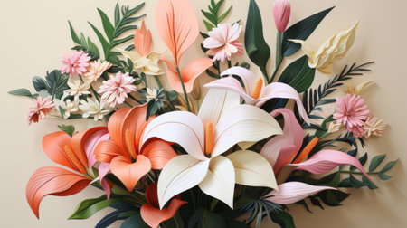 a bouquet of flowers in a glass vase stands against a beige background, showcasing the intricate artistry of paper sculptures. the enigmatic tropics inspire the arrangement, with a mix of light pink and orange blooms. the realistic hyper-detailed rendering captures the delicate paper cutouts, while symmetrical and colorful arrangements add to its charm. ai generatedの素材