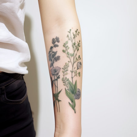a woman showcases a delicate floral studies-inspired green leaves tattoo on her forearm. the tattoo, created by miwa komatsu, features a combination of natural and man-made elements, with light gray and black hues. stephanie pui-mun law's artistic style is evident in this beautiful design captured using a ricoh gr iii camera. ai generatedの素材
