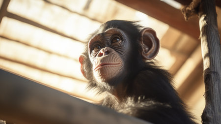 an african chimpanzee gazes through a window, surrounded by a dreamy lens flare. this realistic portrait captures the cute and curious nature of the chimpanzee, rendered using photo-realistic techniques in unreal engine and vray tracing. ai generatedの素材