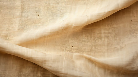 beige linen fabric with organic and flowing forms, captured in a close-up image. the style of the fabric is reminiscent of dansaekhwa, featuring a slumped and draped appearance. shot on kodak gold 200 film, the medium used is transparent and translucent wood, adding an interesting texture to the composition. the overall aesthetic is calming and natural. ai generatedの素材