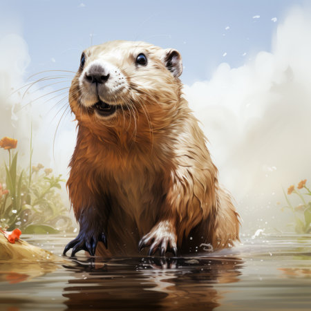 an ipad tablet featuring a stunning hyper-detailed rendering of a groundhog immersed in water. this charming character illustration, inspired by the style of willem haenraets and dan matutina, showcases the artist's talent for realistic marine paintings. the level of detail and beauty in this artwork is truly remarkable. ai generatedの素材