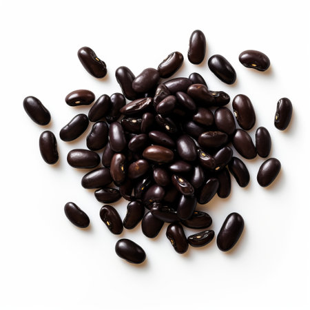 roasted black beans, isolated on a white background, showcase a contemporary candy-coated style with naturalistic shadows. this matte photo, inspired by synthetism, captures the essence of the beans. creative commons attribution allows for the free use and sharing of this visually appealing image. ai generatedの素材